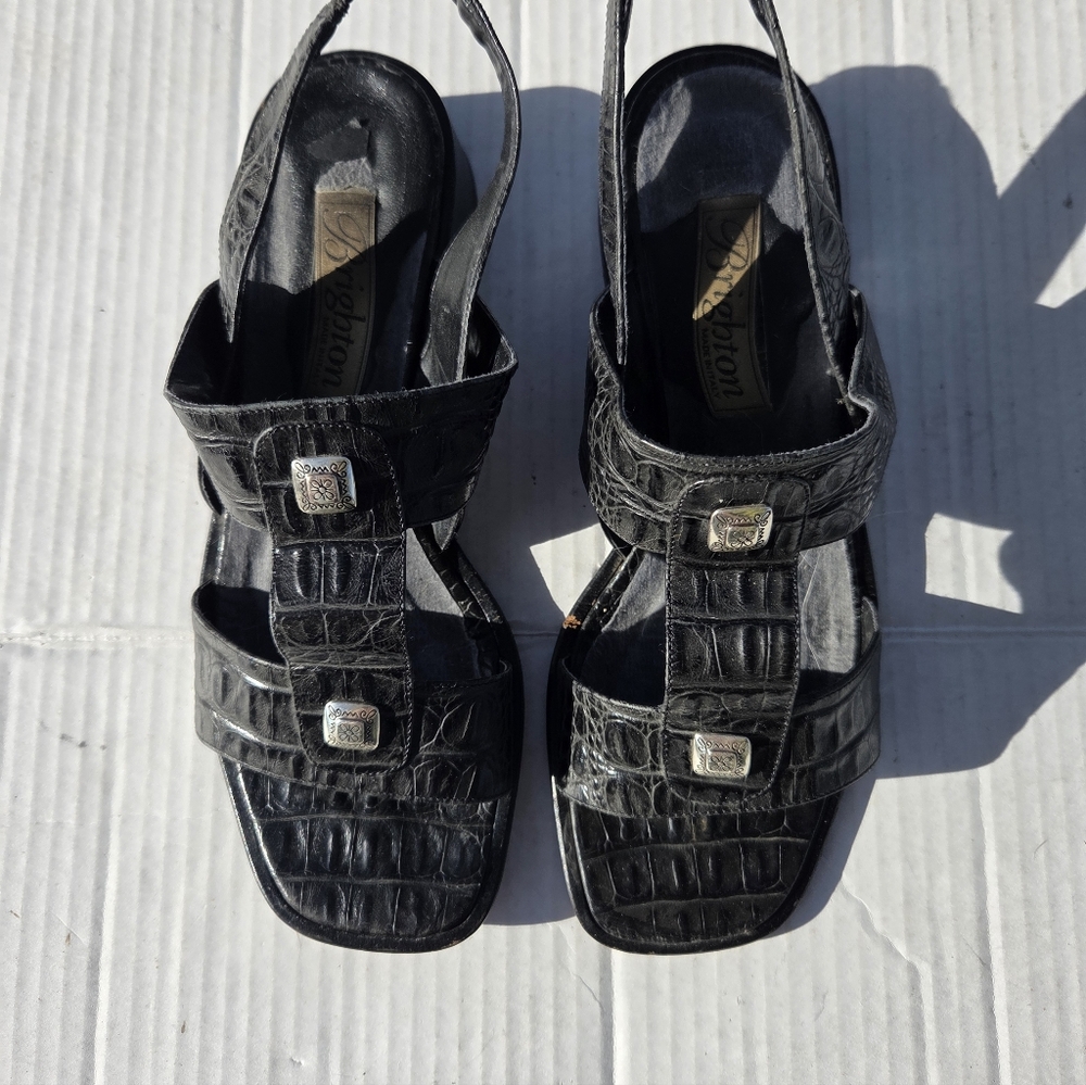 Brighton Y2K Black Square Toe Sandals Leather 8.5M Croc Pattern - Picture 3 of 11
